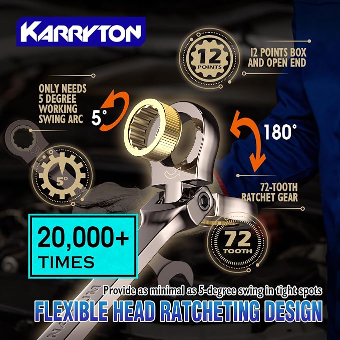 26-Piece Flex head Ratcheting Wrench Set (Metric & SAE), 72 Teeth Combination Wrench Set w/Organizer Rack,Cr-V Steel,6-19mm &1/4-7/8", Black Nickel Handle with Golden Ratchet