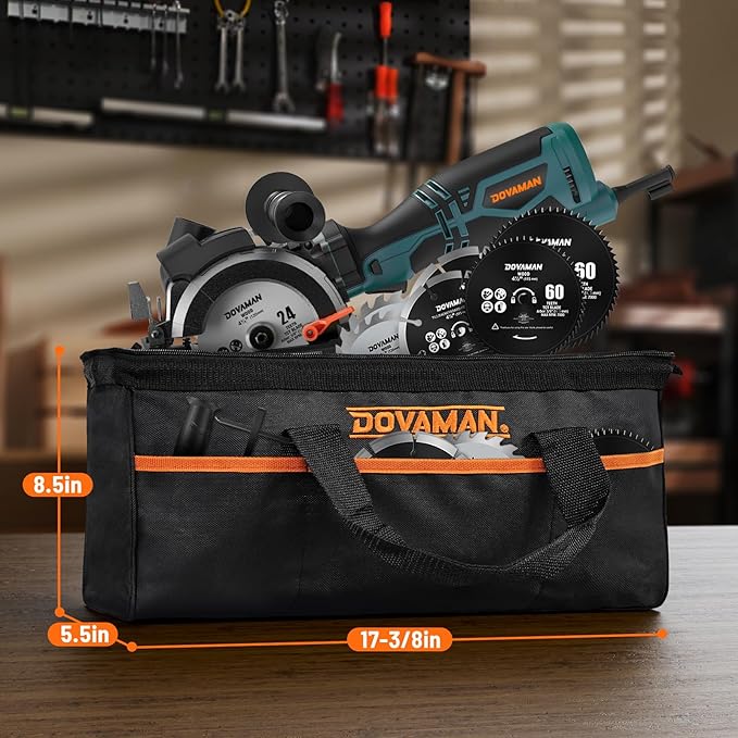 DOVAMAN Circular Saw, 5.8A 4-1/2" Circular Saw w/Laser, Metal Auxiliary Handle, 6 Blades (4½", 4¾"), Cutting Depth 1-11/16" (90°), 1-3/8" (45°), Ideal for Wood, Soft Metal, Plastic, Tile - MCS01A