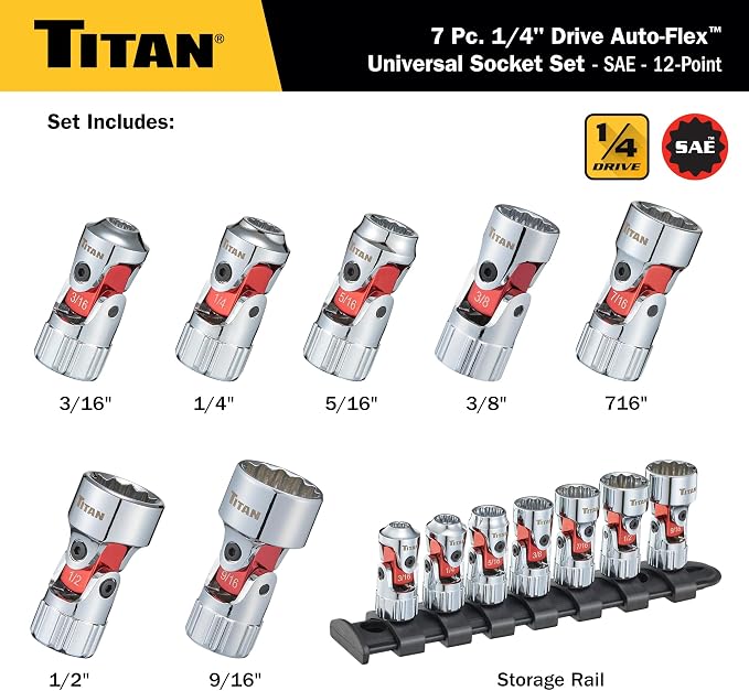 Titan 66860 7-Piece 1/4-Inch Drive SAE Auto Flex Universal Socket Set, 12-Point, 3/16-Inch to 9/16-Inch