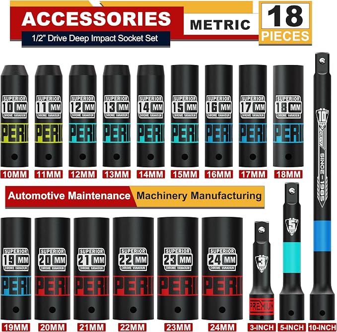 18 Piece 1/2" Drive Impact Socket Set, 10 mm - 24 mm Deep Socket, with Extension Bars:3-inch, 5-inch, 10-inch, Metric, 6-Point, CR-V Steel, Automotive Maintenance, Machinery Manufacturing