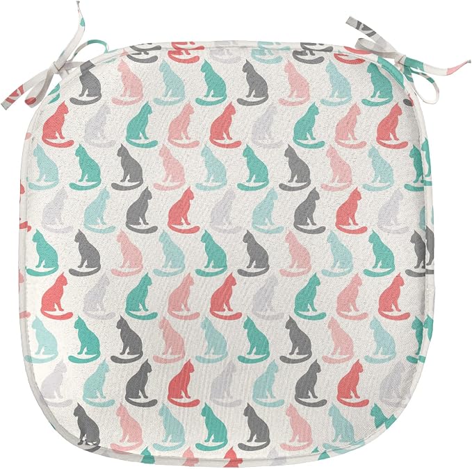 Lunarable Cat Chair Seating Cushion Set of 8, Pattern of Sitting Cat Silhouettes Kitten Pet Repetition Simple Illustration, Anti-Slip Seat Padding for Kitchen & Patio, 16"x16", Turquoise Coral Cream