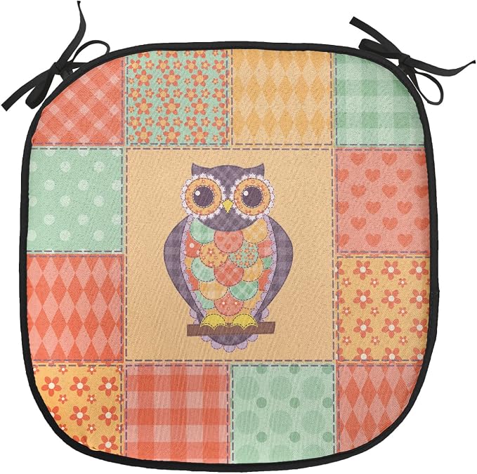 Lunarable Owls Chair Cushion Pads Set of 6, Owl on Spotted Striped Patchwork Background Vintage Crafting Design Art, Anti-Slip Seat Padding for Kitchen & Patio, 16"x16", Orange Mint Green Mauve