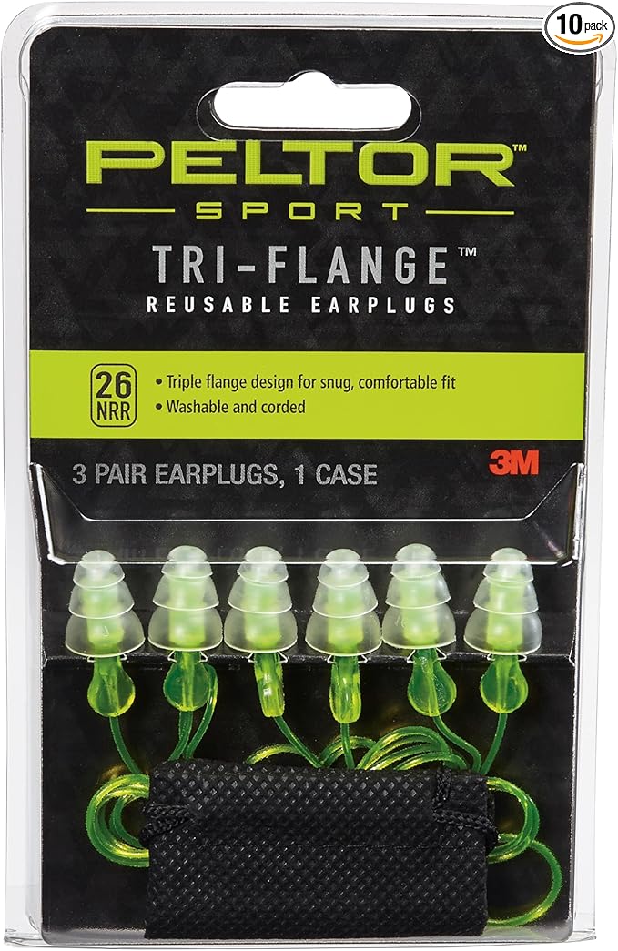 Peltor Sport Tri-Flange Corded Reusable Earplugs Noise Reduction Rating, 26 dB, Comfortable Fit, Ideal for Range, Shooting & Hunting, Washable and Corded, Neon Yellow (97317-10C) 3 Count (Pack of 10)