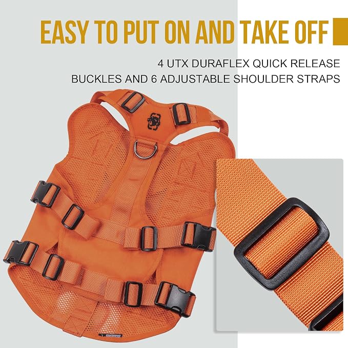 OneTigris No Pull Tactical Dog Harness for Large Dogs, Mesh Design Breathable Service Dog Vest with Handle, Military Dogs Vest Harness with Molle Panels for Walking Hiking Training (Orange, Large)