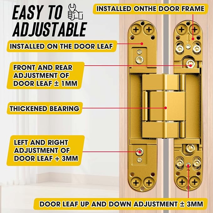 6inch Hidden Door Hinge,Concealed Hinges,Hidden Door Hardware kit,Invisible Door Silent 180 Degree Swing Hinge 3-Way Adjustable Butt 6 x 2.5 x 1inch (Gold, 7 inches)