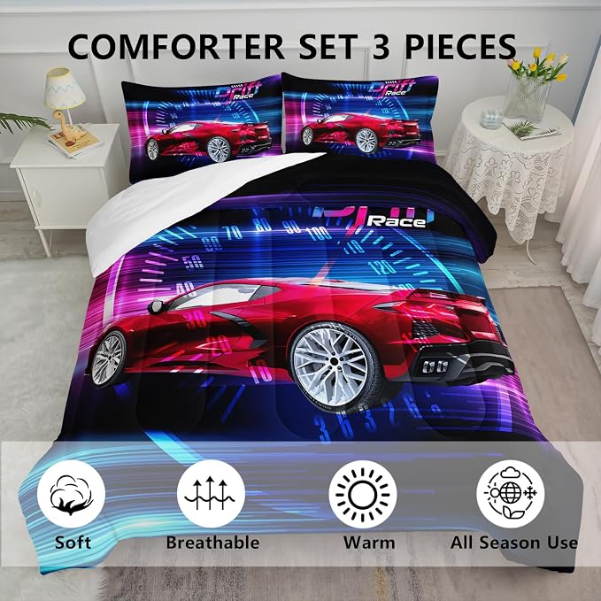Axolotl Race Car Bedding Set King Size,Boys Extreme Sports Comforter for Kids Boys,3D Car Comforter,Cool Speed Racing Bedding,Race Sports Quilt Set 1 Duvet with 2 Pillowcases,All Season