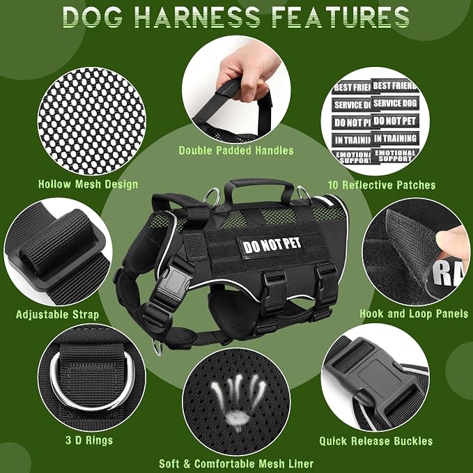 Tactical Molle Vest Mesh Dog Harness with 10 Removale Pet Patches | Breathable Service Dog harness with Double Soft Padded Handle for Large Dog, Reflective Military Pet Vest for Walk Hiking