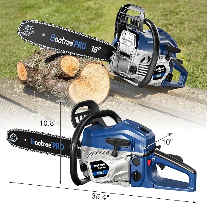 62cc 18 & 22 Inch Gas Chainsaw for Tree Cutting, Firewood, Logging | 2-Cycle Engine & Anti-Vibration System, Quick Start Technology