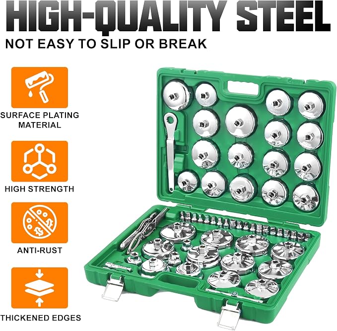 Auto Oil Filter Socket Wrench Set, Stainless Steel, 1/2 inch Drive | Cup Type Cap Removal Tool, Drain Plug Socket Set Included, Compatible with Car & SUV