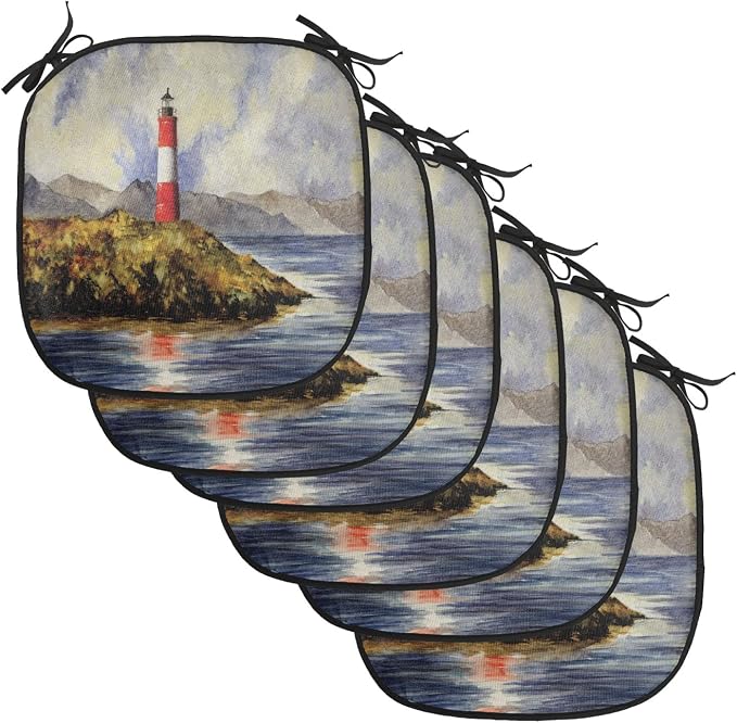 Lunarable Lighthouse Chair Cushion Pads Set of 6, Les Eclaireurs Lighthouse Coastline Seashore Mountains Cliff Painting Effect, Anti-Slip Seat Padding for Kitchen & Patio, 16"x16", Blue Red Green