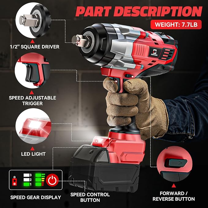 Cerycose Cordless Impact Wrench 1/2 inch Compatible with Milwaukee 18V Battery: 1700FT-LBS High Torque Impact Wrench with 6 Sockets & Case, Brushless Electric Impact Gun with LED Work Light, Bare Tool