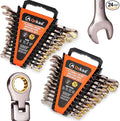 Qnkaa Flexible Ratcheting Wrench Set 24pcs Metric 8-19mm & SAE 1/4” to 7/8“ | Flex-Head Spanner Gear Ring Ratchet Combination Wrenches Kit with Portable Organizer