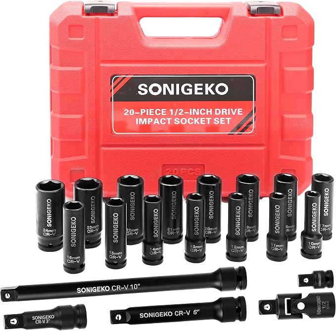 20-Piece 1/2" Drive Impact Socket Set, Metric(10mm-24mm） | Deep CR-V Steel Sockets with Extension Bars, Universal Joint and Adapter