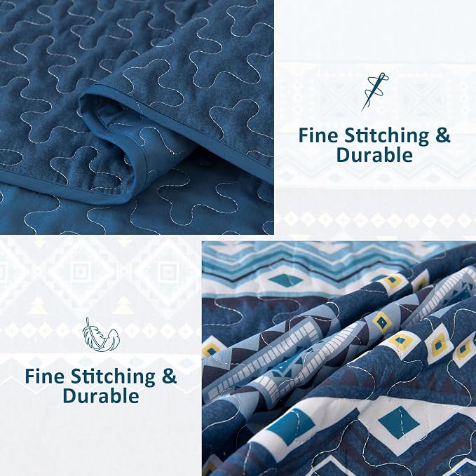 WONGS BEDDING Blue Quilt Set King,Boho 3 Pieces Bedspread Coverlet Set with Geometry Printed for All Season,Lightweight Morden Bohemian Bedding Set 104"×90"
