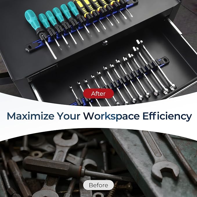 Reniteco Magnetic Screwdriver & Wrench Organizer, 12-Slot Tool Holder | Heavy-Duty Aluminum Alloy Rail Tool Holder, Flexible High-Tension Tool Clips, Magnetic Base, Tool Box Drawer or Wall Mount
