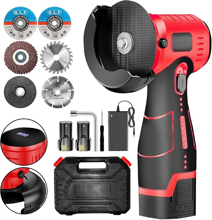 ZFULVO Brushless Cordless Angle Grinder Kit, 19500rpm Mini Electric Angle Grinding Tool with 2x16.8V 2000mAh Battery and 6-Cutting Discs, Grinder Handheld Cutter for Metal Wood
