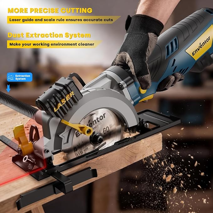 Enventor Mini Circular Saw, 5.8A 4-1/2" Electric Circular Saws with 6 Saw Blades, Laser Guide, 3,500RPM Max Cutting Depth 1-11/16"(90°), 1-1/8"(45°) for Soft Metal, Wood, Tile Cutting