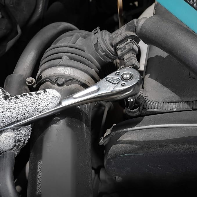 DURATECH 3/8-Inch Drive Ratchet Handle, Ratchet Socket Wrench | 90 Tooth, 8-3/8" Length, Heavy Duty, Professional Ratchets, Quick-Release Reversible, Chrome Alloy Made, Polished Chrome