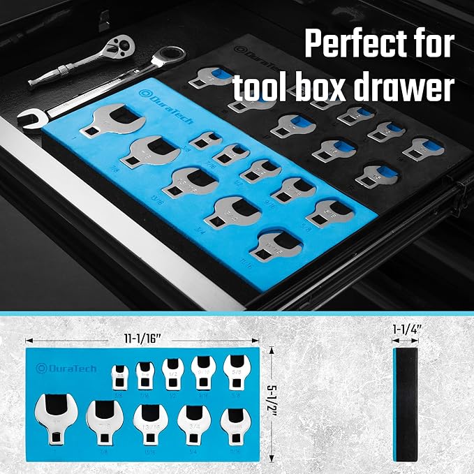 DURATECH 10-Piece 3/8" Drive Crowfoot Wrench Set, Open End Wrench Set, SAE, 3/8"-1", CR-V Steel, with EVA Foam Tool Organizer