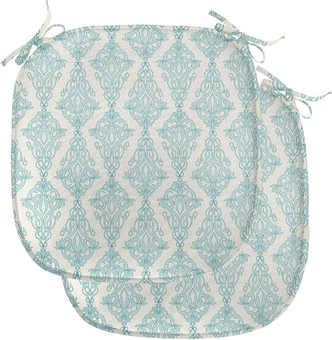 Lunarable Damask Blue Chair Seating Cushion Set of 2, Vintage Antique Pattern with Classic Victorian Motif, Anti-Slip Seat Padding for Kitchen & Patio, 16"x16", Eggshell Pale Cadet Blue