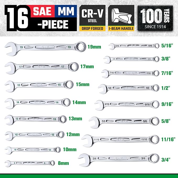 SK Combination Wrench Set, SAE & Metric, 16-Piece, Premium CR-V Steel | 12-Point, SureGrip Drive Design, 15-Degree Offset End, Drop Forged, SuperKrome Finish, with Rolling Pouch