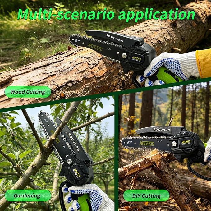 6 Inch Mini Chainsaw Cordless, 6 Inch Handheld Electric Chainsaws with 2*Batterie 3*Chains 2*Guide Bar, Small Chain Saw Battery Powered for Garden and Tree Trimmer, Ideal Gift for Elder, Women, Man