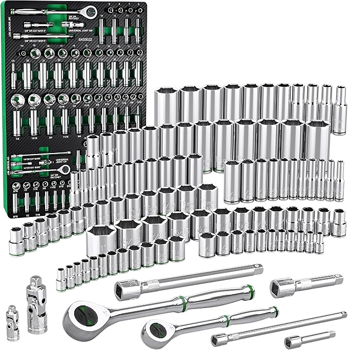 SK 1/4" & 3/8" Drive Socket Set with 90-Tooth Ratchet, SAE & Metric | 105-Piece Sockets, SuperKrome Finish, Premium CR-V Steel with EVA Foam Tool Organizer