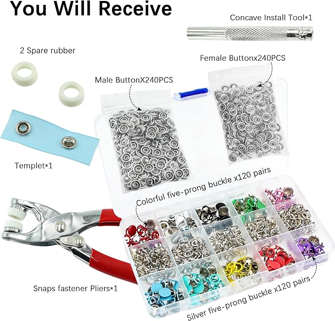 240 Sets Snaps Buttons Fastener kit Hollow Steel Prong Snaps Buttons with Pliers Press Tool for DIY Crafts Clothes Hats Bags Sewing (Hollow & Solid)