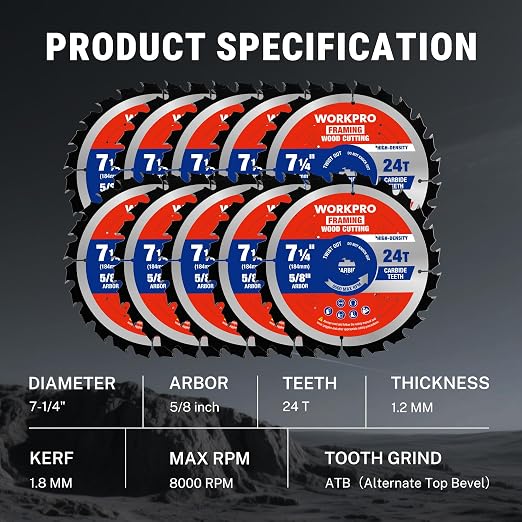 WORKPRO 7-1/4 Inch Woodworking Circular Saw Blades, 24T Contractor Bulk Framing, Thin Kerf, Carbide Tipped, ATB Tooth, 10-Pack