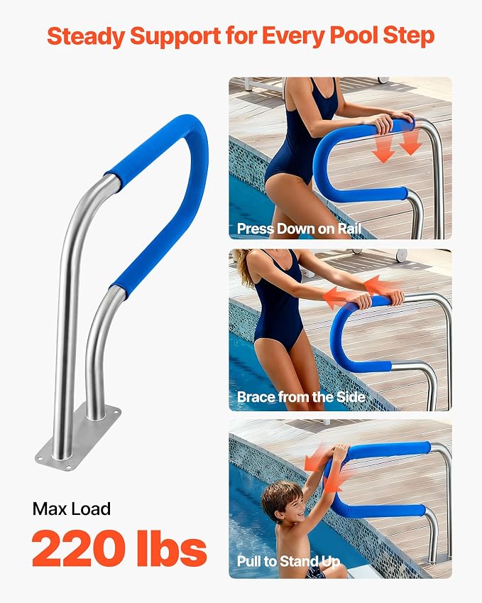 VEVOR Pool Rail, 31 x 22 inch Pool Handrail, 220 lbs Load Capacity Heavy Duty 304 Stainless Steel Swimming Handrail, Detachable Nonslip Sleeve, Rich Accessories, for Poolside, Water Parks, Spa Centers