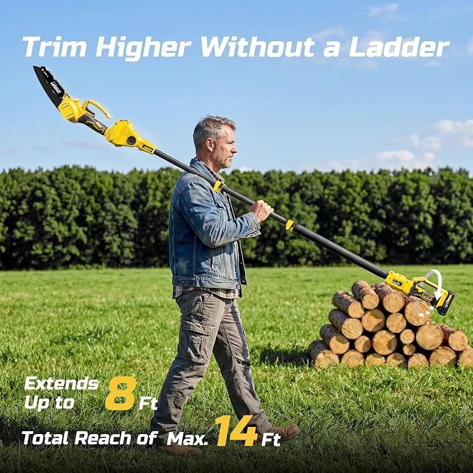 IMOUMLIVE 6-Inch Cordless Pole Saw & Mini Chainsaw 21V 2.0Ah Battery | 2-in-1 Tree Trimmer, Electric Pole Saws for Tree Trimming, Lightweight, Small Handheld Chainsaw, Rotatable Extension Pole