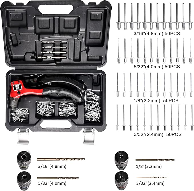 Rivet Gun, GIANTISAN Pop Rivet Tool Kit with 200 Rivets and 4 Drill Bits, Manual Hand Riveter Kit with Rugged Carrying Case