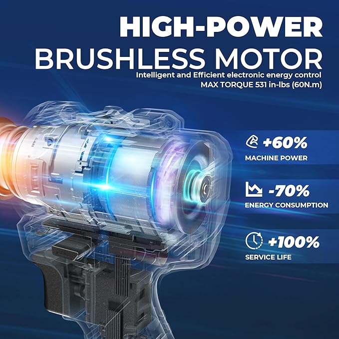 Dong Cheng 20V Brushless Heavy-duty Impact Drill, 531in-lbs, with 2 x 2.0Ah Battery, 1/2" Keyless All Metal Chuck, 20+1+1 Clutch, Cordless Hammer Drill Kit for Drilling Brick Wall, Metal, Wood