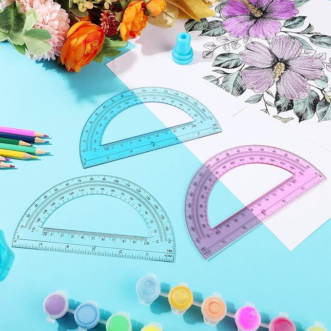 Zonon 3 Pack 6 Inch Plastic Protractor 180 Degrees Pink Blue Clear Protractors for Classroom, School, Math, Teacher, Student Office Supplies, Geometry, Angle Measurement, Christmas Gifts