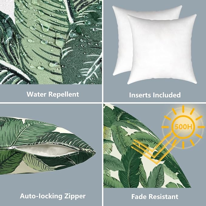 LVTXIII Outdoor/Indoor Throw Pillows, Decorative Throw Pillows with Inserts, 18"x18" Square Pillows for Bed, Couch, Sofa and Patio Furniture (Set of 2, Swaying Palms Green)