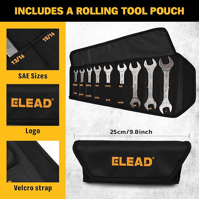 ELEAD 9-Piece Super-Thin Open End Wrench Set, SAE 1/4"-1-1/16", CR-V Nickel Plated, 3 mm Thickness Ultra-Slim Wrench Set for Tight Spaces, Durable Roll-Up Pouch for Mechanics