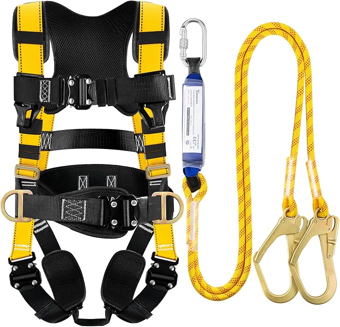 TRSMIMA Safety Harness Fall Protection - Harness Kit for Men Construction | Fall Arrest Roofing Harness Kit Men Full Body Harness with Lanyard for Work Upgrade 4 Quick Buckles Orange