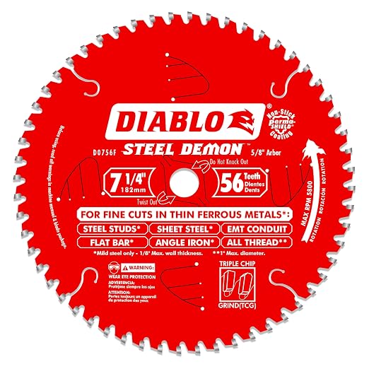 Diablo Steel Demon Carbide Saw Blade for Thin Metal - 7-1/4" Diameter | Ideal for Mild Steel Cutting - 56 TCG Teeth, 5,800 Max RPM - D0756F