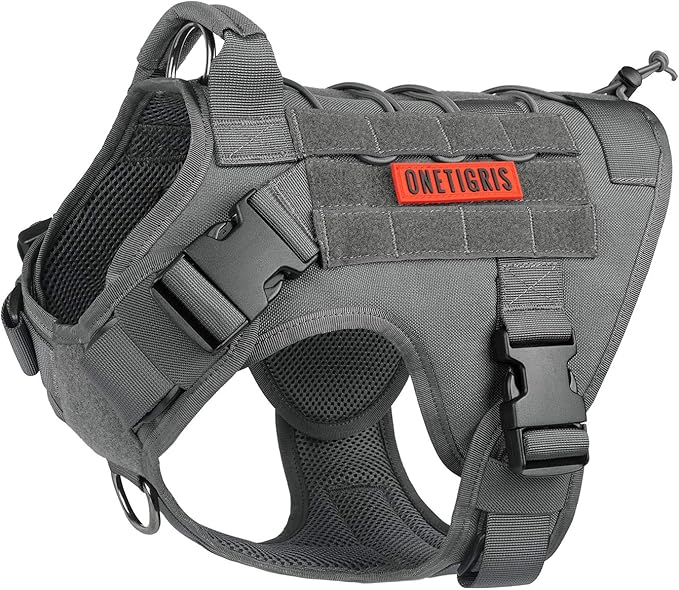 OneTigris Tactical Dog Harness No-Pull Service Vest for Small Medium Dogs | 1000D Pullable Nylon, with Control Handle and Hook & Loop Panels, Easy On & Off, Adjustable for Walking Training Gray M