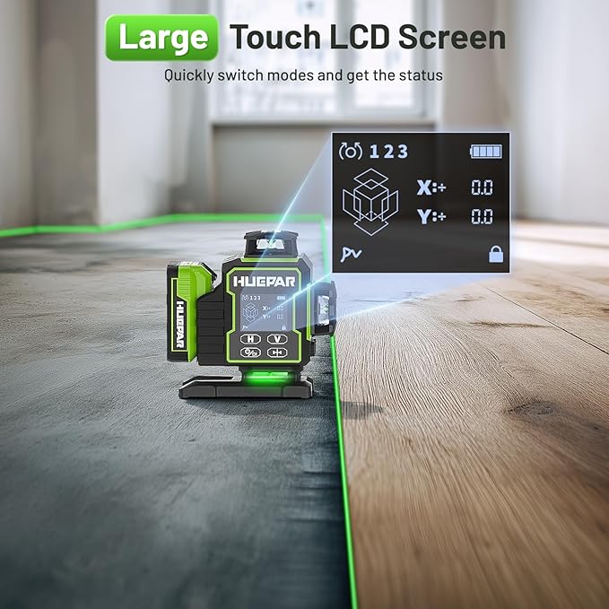 Huepar W04CG 4D Laser Level with Receiver for Outdoor or Longer Distance Use, Up to 400 ft, 4x360° Self Leveling Green Lazer Leveler Tool for Construction, Tiling, Framing, Drop Ceiling, Floor etc.