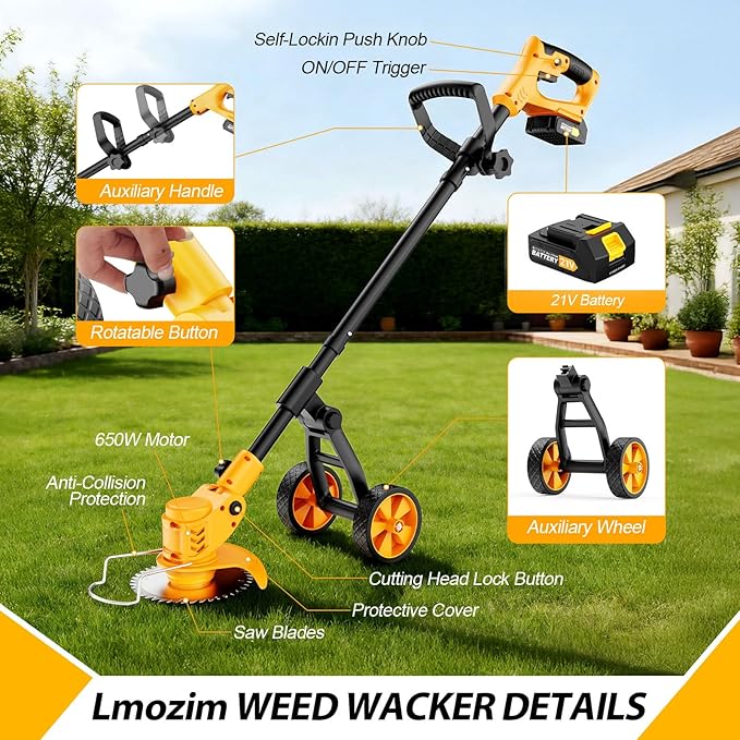 Electric Weed Wacker Cordless, Electric String Trimmer with 3 Types Blades & Removable Auxiliary Wheels, Brush Cutter & Grass Trimmer & Lawn Edger with for Garden Yard (YellowB)