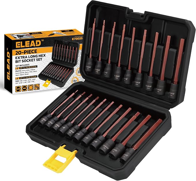 Extra-Long Allen Hex Bit Socket Set: 20-Piece 3/8 Inch Drive, 110mm S2 Steel, Standard SAE & Metric (1/8-Inch - 7/16-Inch, 3-12mm) for Impact Drills and Ratchet Wrenches
