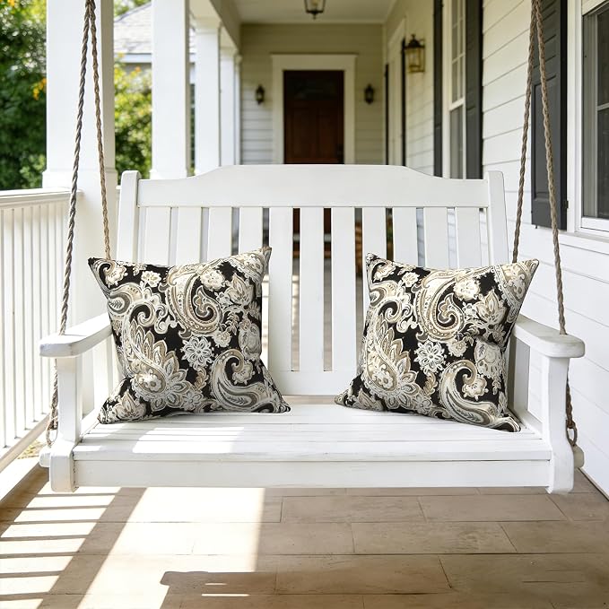 LVTXIII Outdoor Throw Pillows 16x16 Inch, Set of 2 Square Decorative Pillows with Inserts for Patio Furniture, Porch Chair, Garden Sofa, Paisley Black