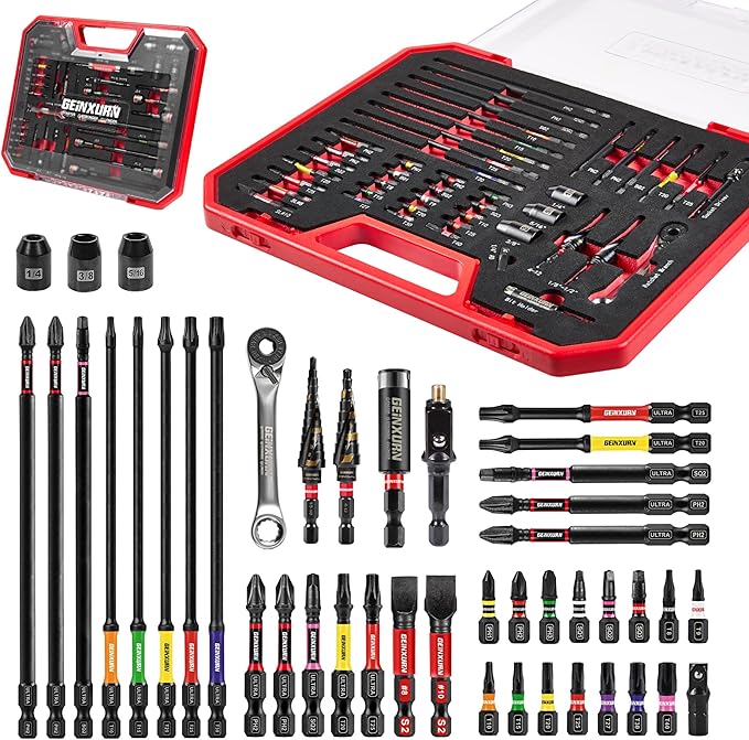 Geinxurn 44Pcs Tools Set Packaged Impact Screwdriver Bits,Ratchet Wrench, Socket Driver, Sockets, Step Drill, 1/4”Socket Adapter and Impact Bit Holder with Tool Box Storage for Home Repairs, DIY
