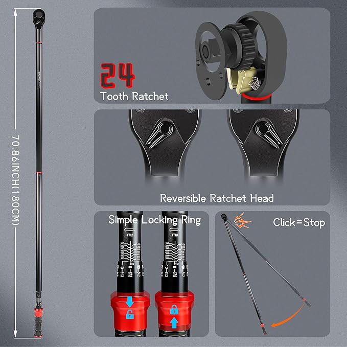 1-Inch Drive Torque Wrench 200-1500ft.lb/271.16-2033.73Nm, ±3% Precision Dual Direction Torque Wrenches with 24-Tooth Dual Range Scales with Ft.Lbs and N.m