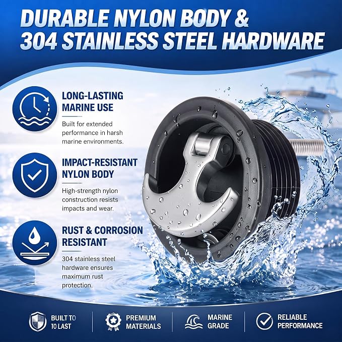 Shimeyao Boat Hatch Latch Non-Locking, 2-3/8"-2-1/2" Cutouts | Flush T Handle with 2 Shaft Strikers, Nylon and 304 Stainless Steel Cam Latch for Marine Deck Hardware Storage Rv Compartment