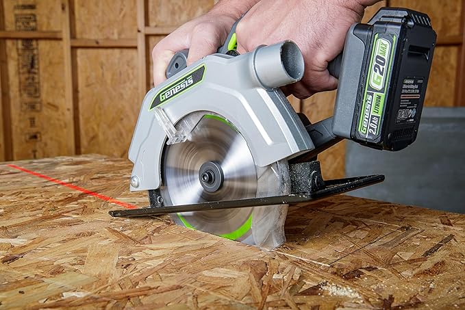 Genesis G20MAX 20V Circular Saw Cordless 6-1/2 inch with Laser & LED Light, Includes 24TCT thin-kerf blade, 2.0Ah Battery and Charger(GLCS2065B)