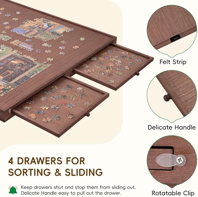 TEAKMAMA 27.6" H 1500Pcs Puzzle Table with Legs,4 Drawers for Adults,Brown | 34.3" W x 26.5" D Wood Folding Jigsaw Puzzle Board with Protective Cover