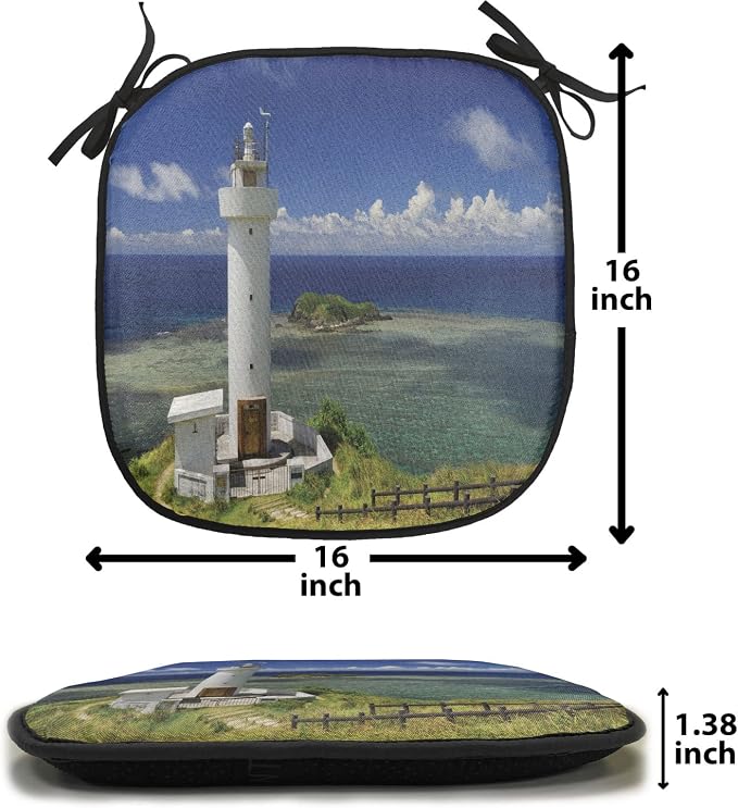 Lunarable Lighthouse Chair Cushion Pads Set 12, Hiracbosaki Lighthouse Seaside Greenery Clouds Travel Destinations, Anti-Slip Seat Padding for Kitchen & Patio, 16"x16", Navy Blue Green White