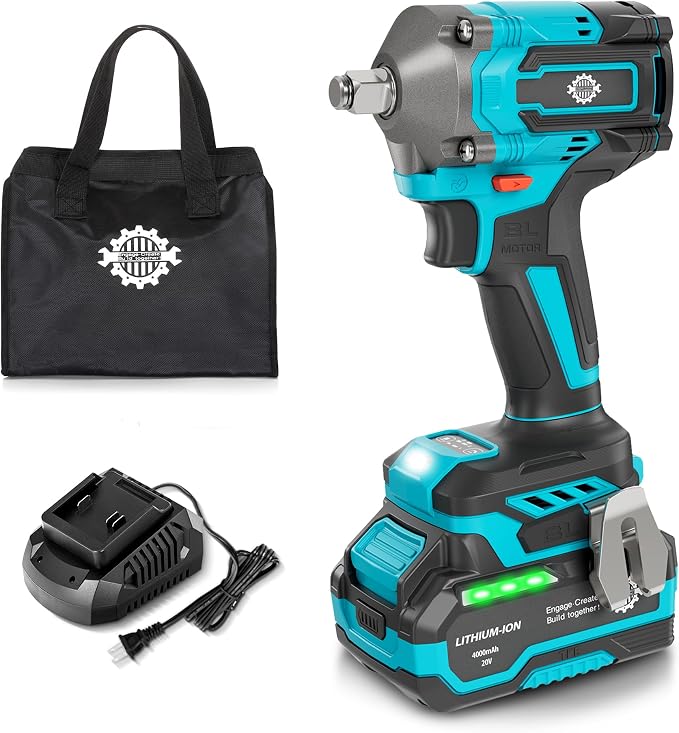 1/2" Cordless Impact Wrench Kit, 630N.m (465Ft.lb) Brushless Impact Gun with 4.0Ah Battery and Fast Charger, 3-Mode Speed, 2500RPM 20V Power Impact Driver Electric Impact Wrench with LED Light for Car